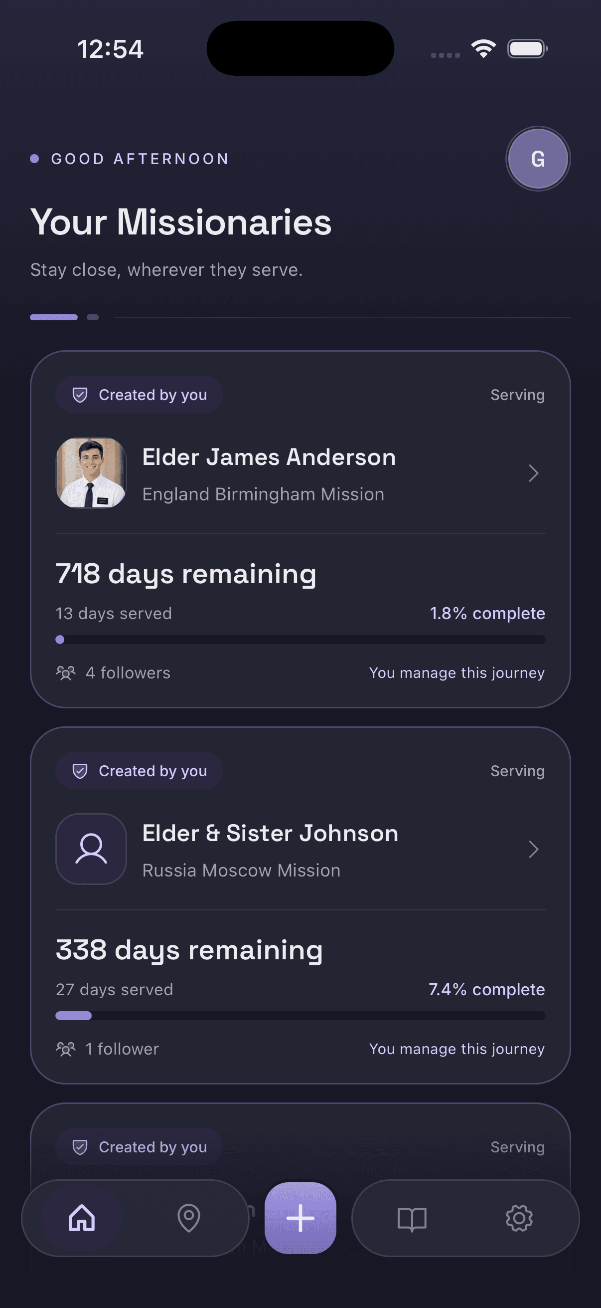 Missionary Tracker home screen listing several missionaries, each with their own countdown and progress bar