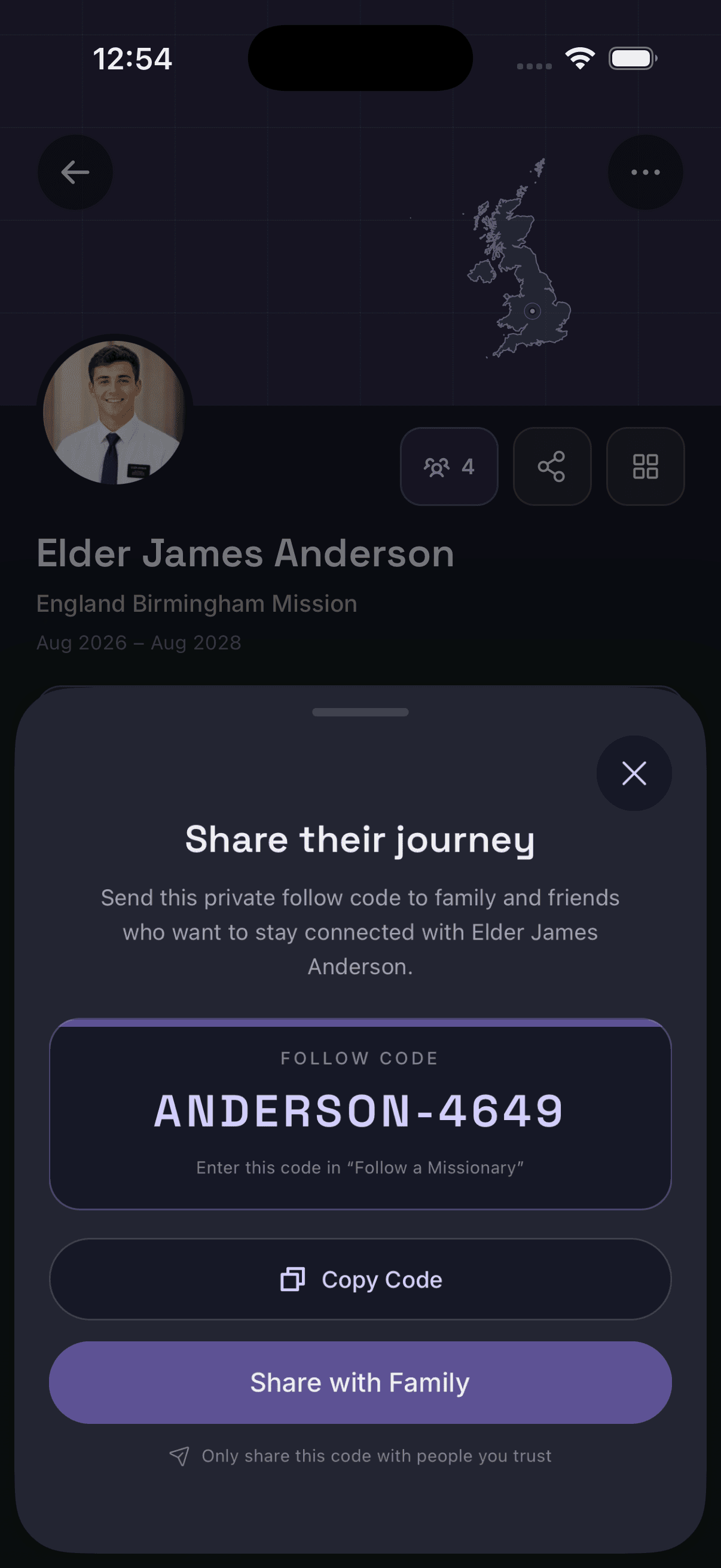 Missionary Tracker app sharing a private follow code so family and friends can follow the same missionary